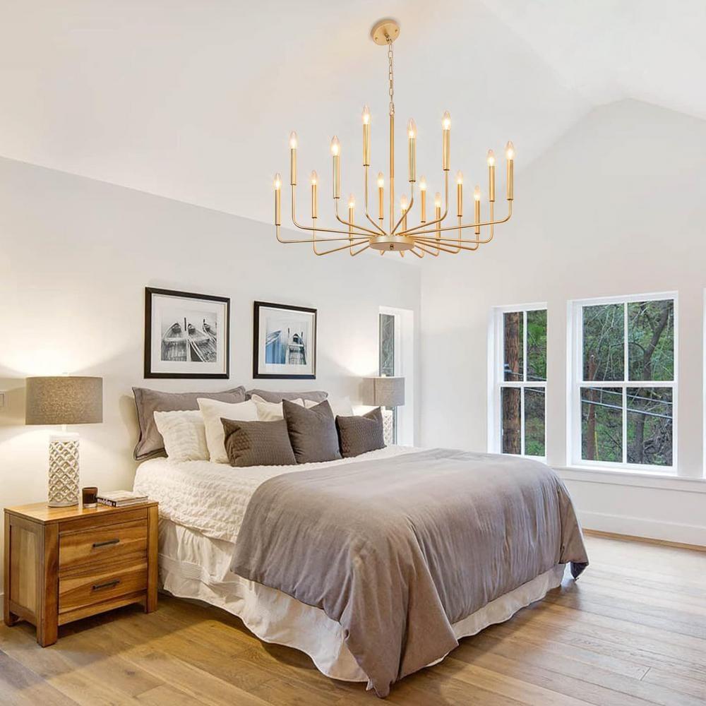 Farmhouse Gold Chandeliers for Dining Room, 16-Light Modern Candle Chandelier Light Fixture, Rustic Industrial Metal Chandeliers for Living Room, Kitchen, Staircase, Entryway, Foyer