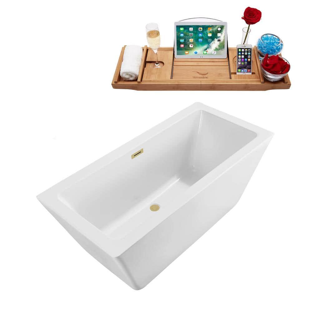 60" Streamline N320BBR Soaking Freestanding Tub and Tray With Internal Drain in Brushed Brass