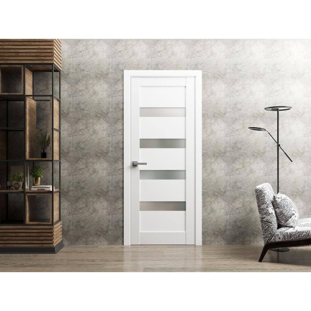 Pantry Kitchen Lite Pre-Hung Door with Hardware | Quadro 4113 White Silk with Frosted Opaque Glass | Single Panel Frame Trims | Bathroom Bedroom Sturdy Doors -24" x 80"