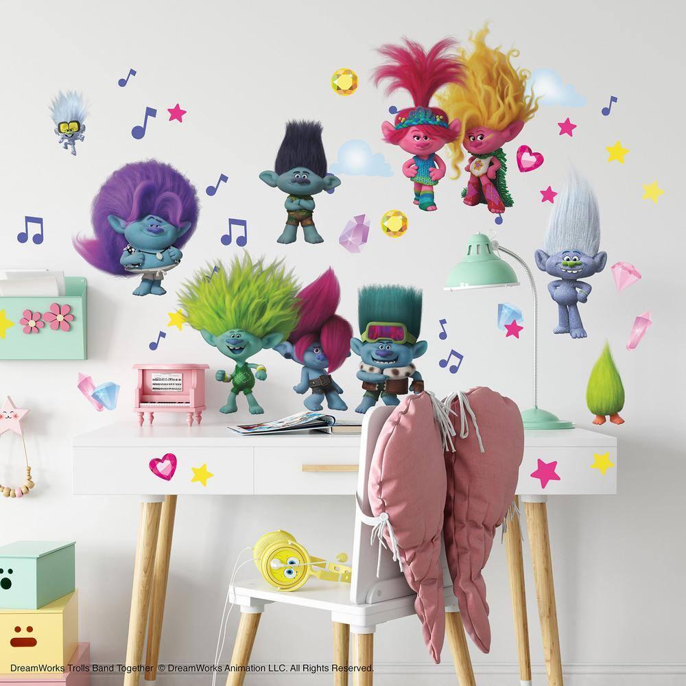 Room Mates Trolls 3 Band Together with Glitter Wall Decals