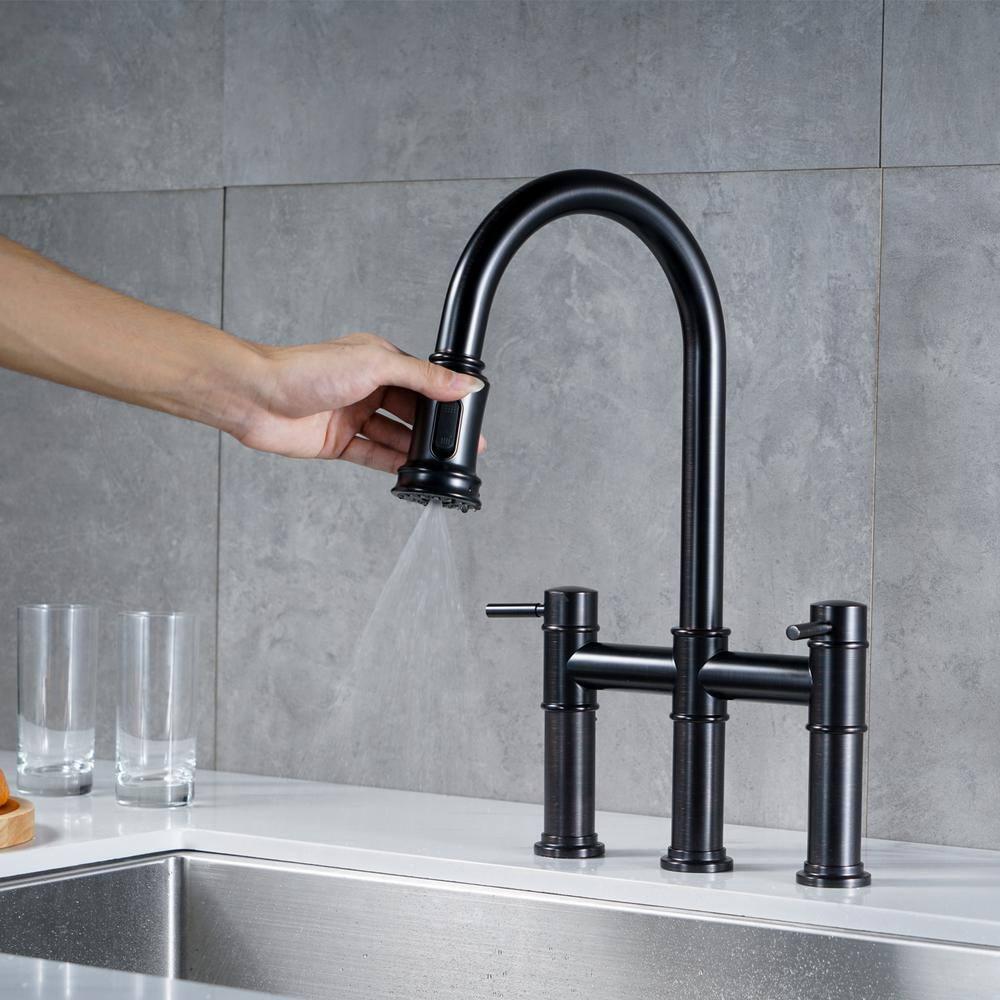 Double Handle Bridge Kitchen Faucet with Pull Down Sprayer in Oil Rubbed Bronze