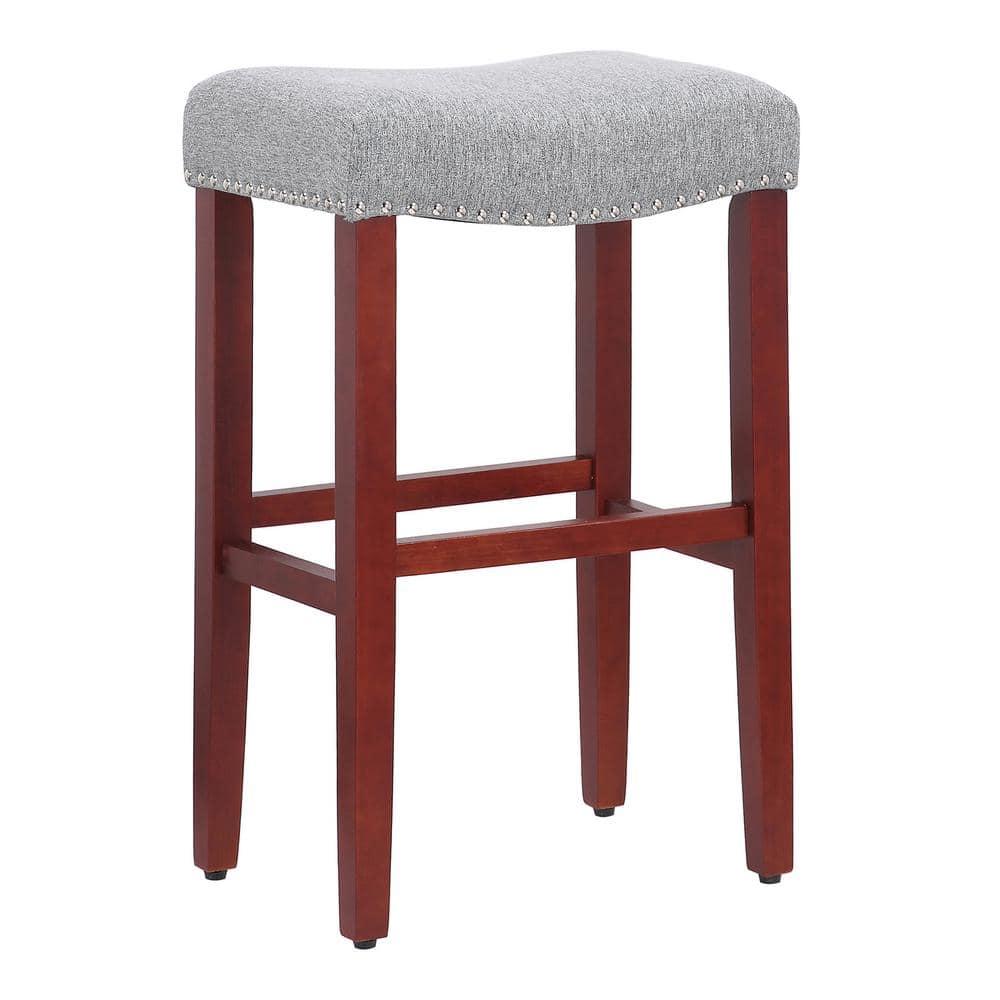 Polytrends Jameson Upholstered Polyester 29" Bar Stool with Cherry Legs - (Set of 2) Cherry/Gray
