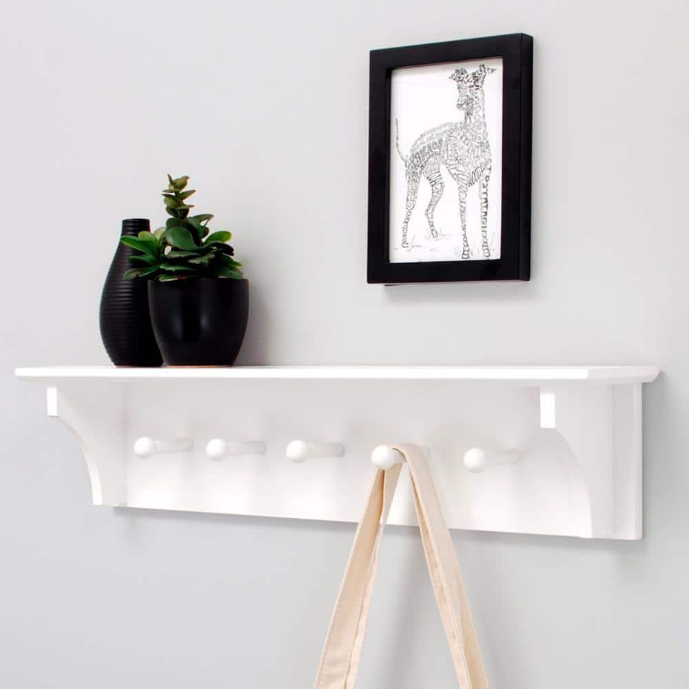 White MDF Floating Wall Shelf with 5 Pegs
