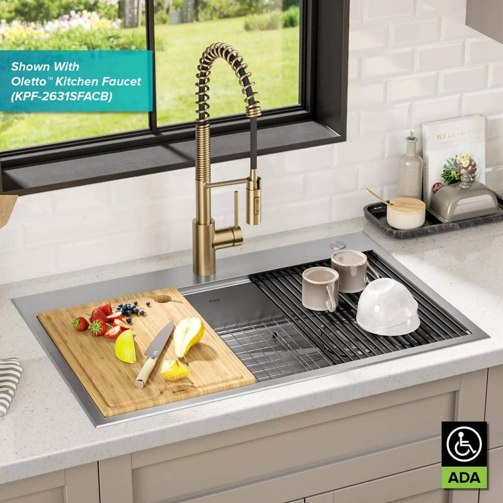 Kraus KWT310-33/5.5 Kore™ ADA Workstation 33" L Drop-In Top Mount 16 Gauge Stainless Steel Single Bowl Kitchen Sink with Accessories