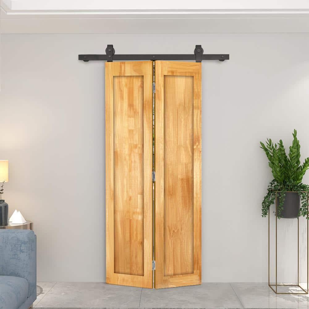 Calhome 1 Panel Shaker Pine Wood Bi-Fold Door with Sliding Barn Door Hardware Kit