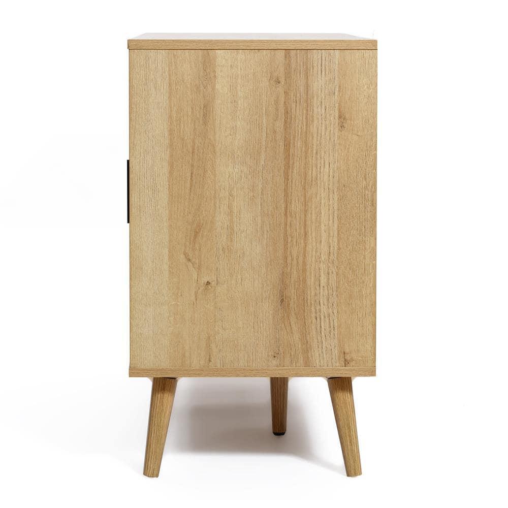 LuxenHome Rattan Buffet Cabinet with Storage, 47" Light Oak Finish Wood Accent Sideboard Cabinet with 3-Door, Boho Coffee Bar Console Table