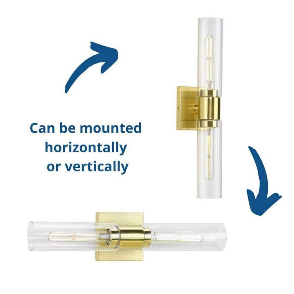 Progress Lighting Clarion 2-Light Brushed Nickel Glass Modern Bath Vanity Light, Satin Brass, Cylindrical Shade