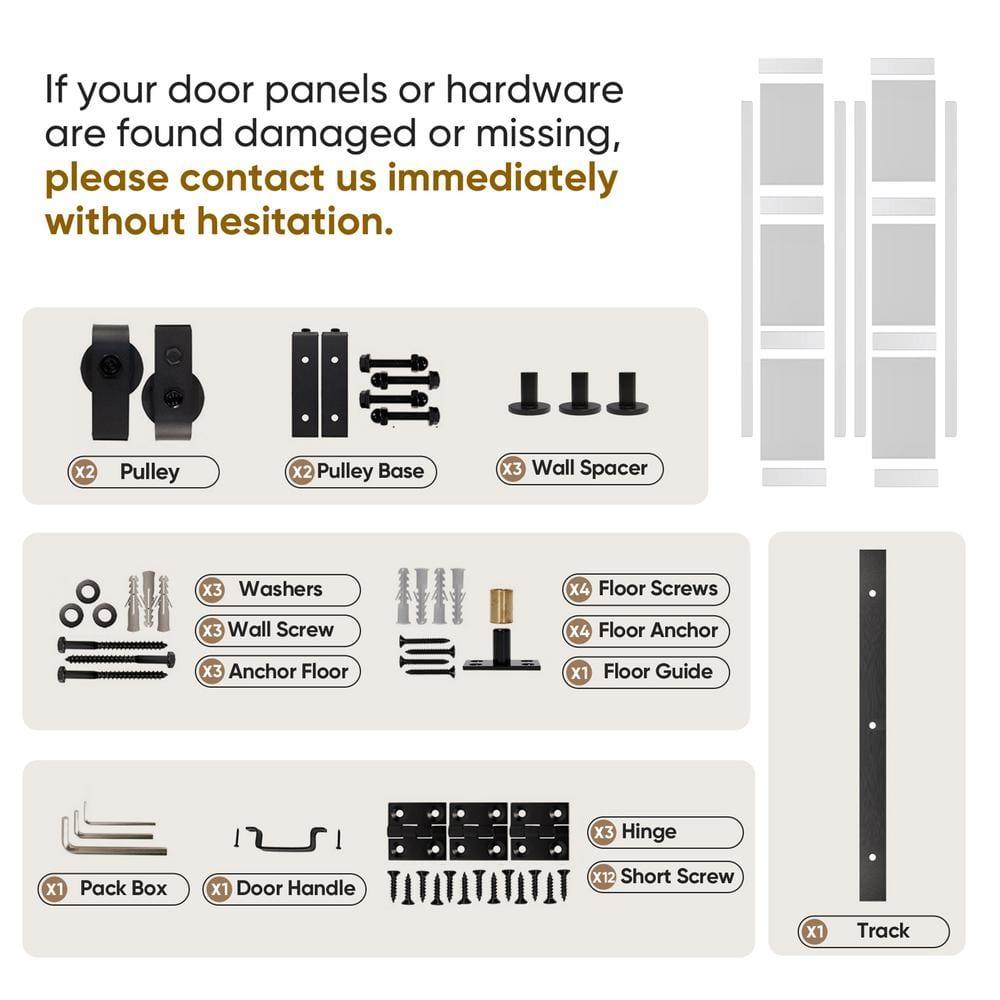 48"（24" x2） x 84" Bi-Folding Barn Door, 6-Panel with Sliding Hardware Kit Set, Pre-drilled Closet Door Slab, 4.3FT Track for 4 Finished Doors, MDF, White