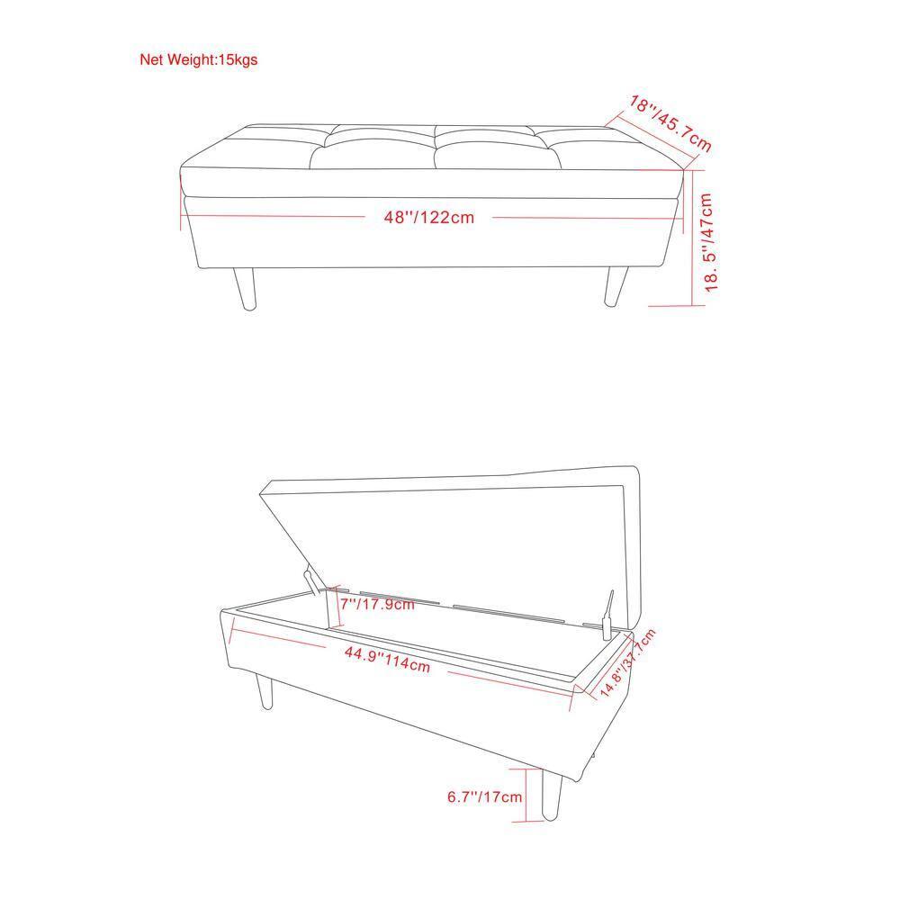 Simpli Home Shay 48"W Upholstered Storage Ottoman with Lift Top and Tufted Detailing