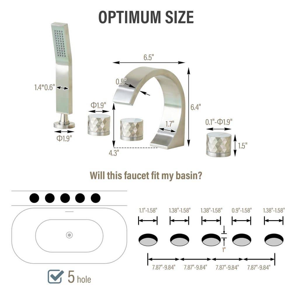 3 Handles Deck Mounted Bathroom Tub Faucet Trim with Handshower