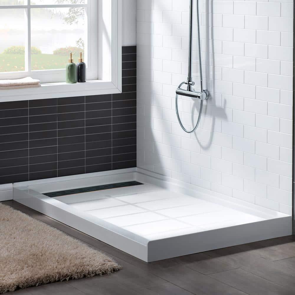 60" x 36" Solid Surface Single Threshold Shower Pan Base with Drain Assembly & Drain Cover Included, Non-Slip