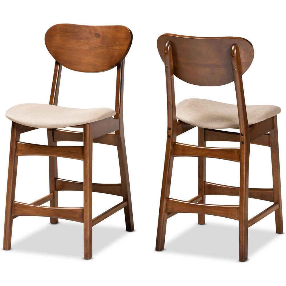 2pc Katya Fabric Upholstered and Wood Counter Height Barstool Set Brown - Baxton Studio: Walnut Finish, Foam Padded