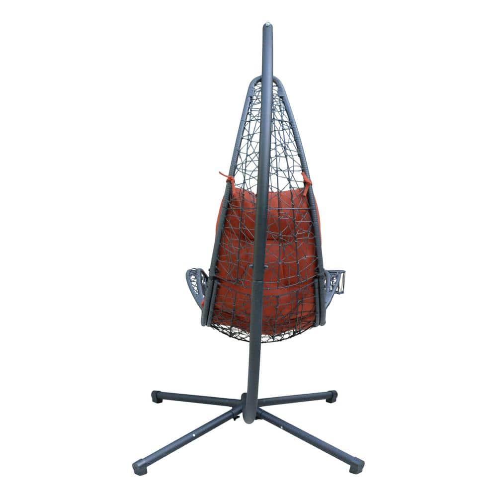 Cushioned Rattan Wicker Hanging Chair with Stand - Terra Cotta - Algoma: Outdoor Patio Furniture, UV Resistant