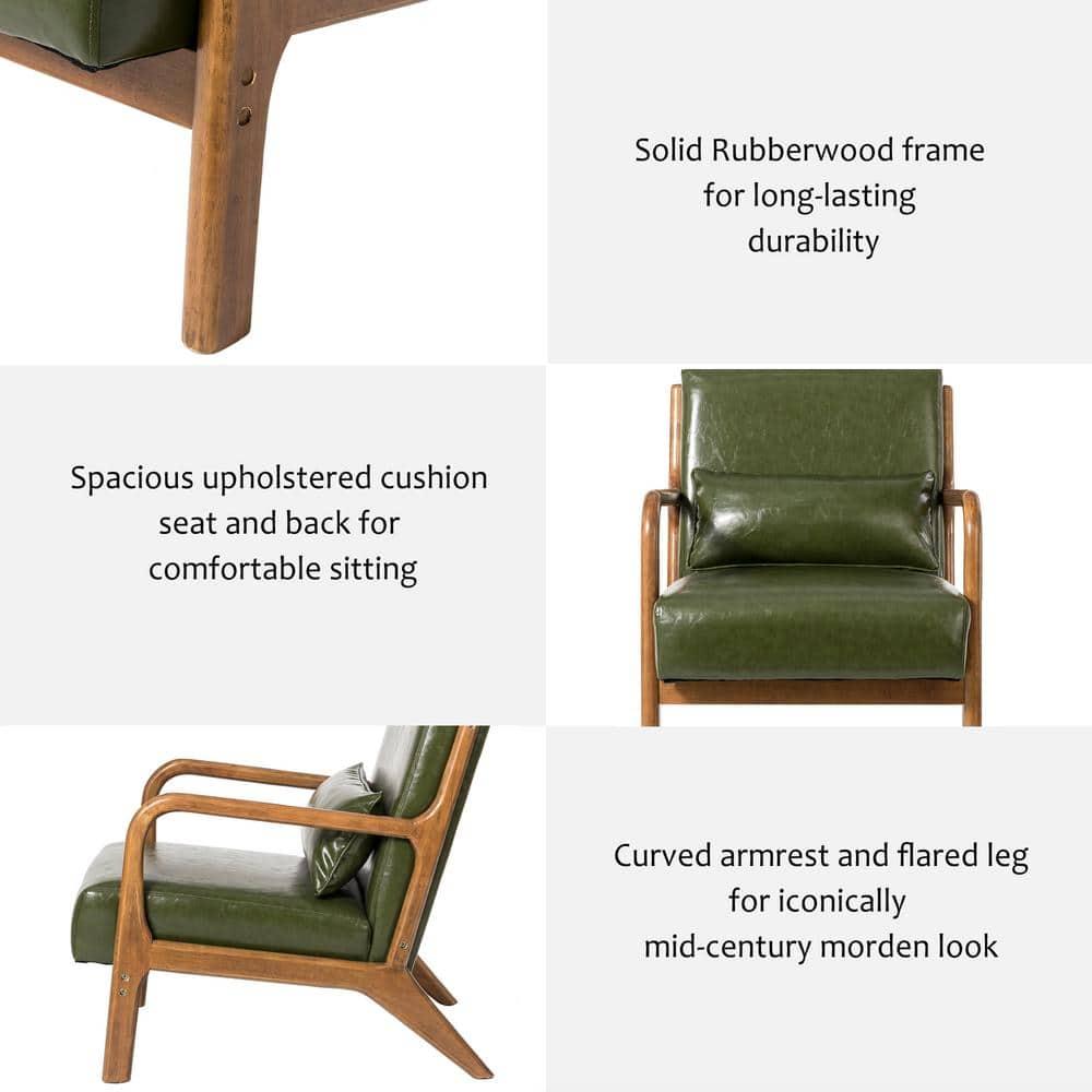 Glitzhome 2 Set Mid Century Hunter Green Accent Armchair, Single Reading Armchair PU Leather Lounge Chair with Walnut Ruberwood Frame