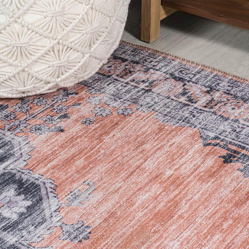 Wincer Chenille Cottage Medallion Machine-Washable Orange/Gray 5 ft. x 8 ft. Area Rug - JONATHAN Y