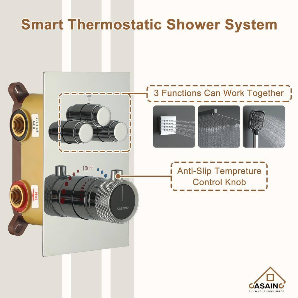 Revitalize 3-Function 12 Inch Wall Mount Rainfall Thermostatic Shower System with 6 Body Jets