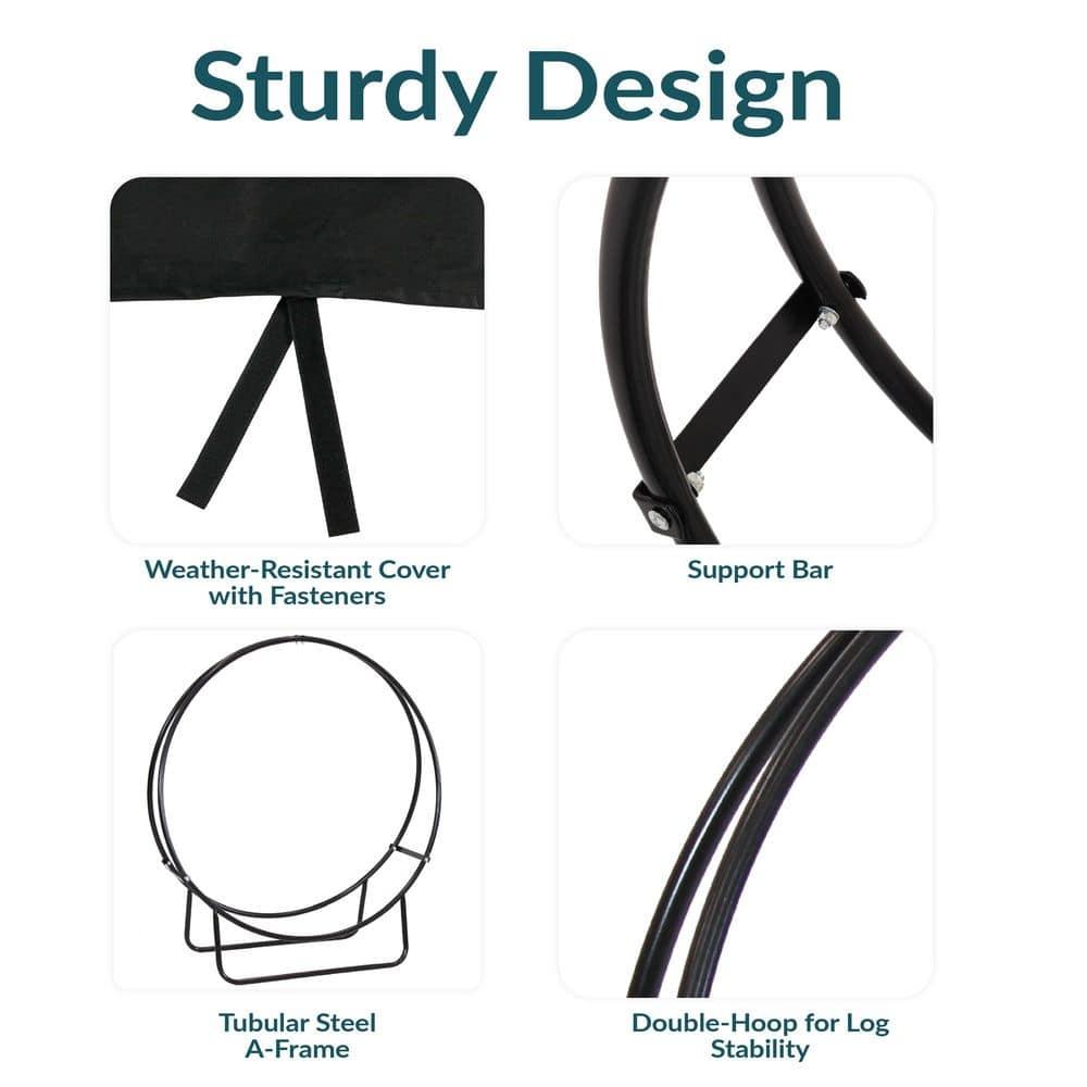 Sunnydaze Outdoor Heavy-Duty Steel Firewood Log Hoop Storage Rack with Weather-Resistant PVC Log Hoop Cover - 48" - Black