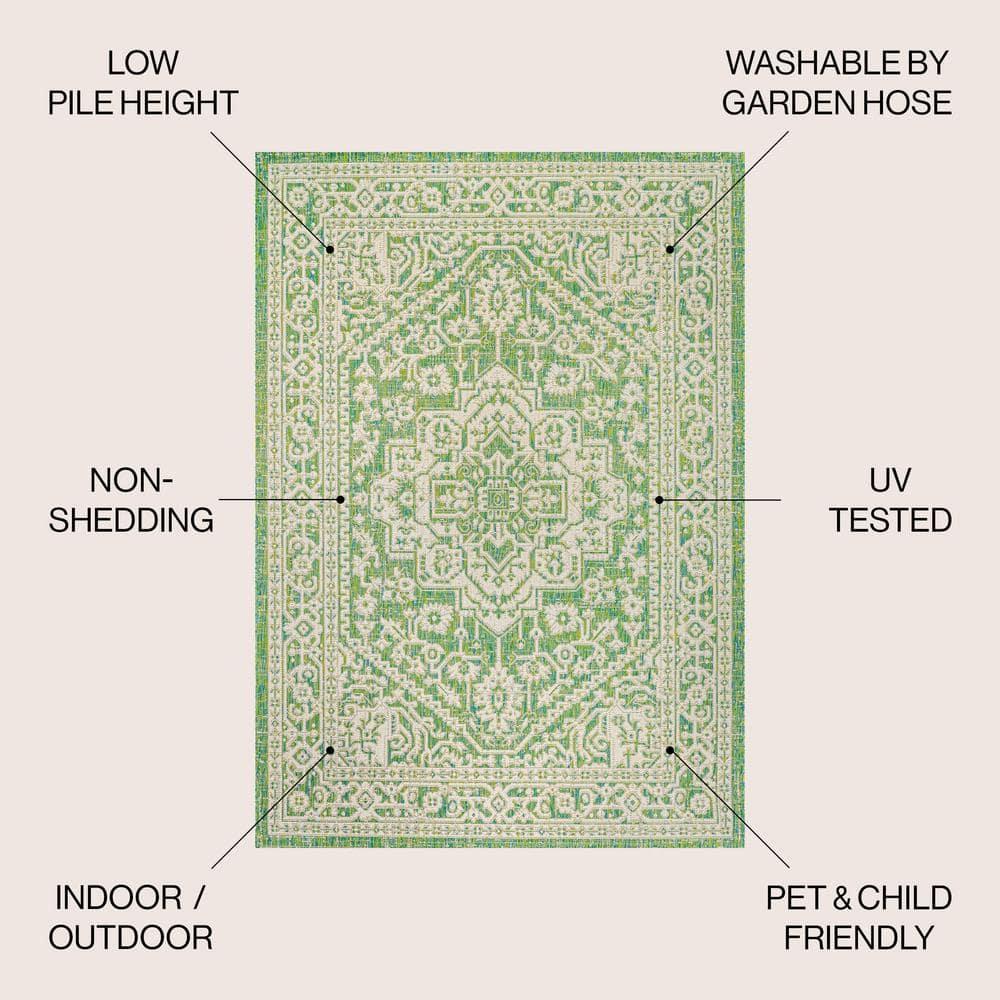 8' x 10' Sinjuri Medallion Textured Weave Indoor/Outdoor Area Rug, Cream/Green - JONATHAN Y