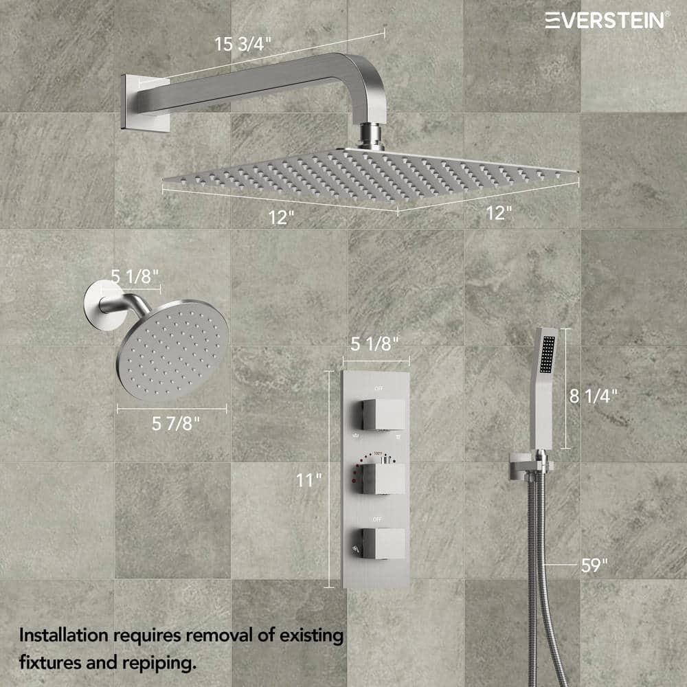 Thermostatic Dual Shower System 12" Rainfall Shower Head with Rough-in Valve
