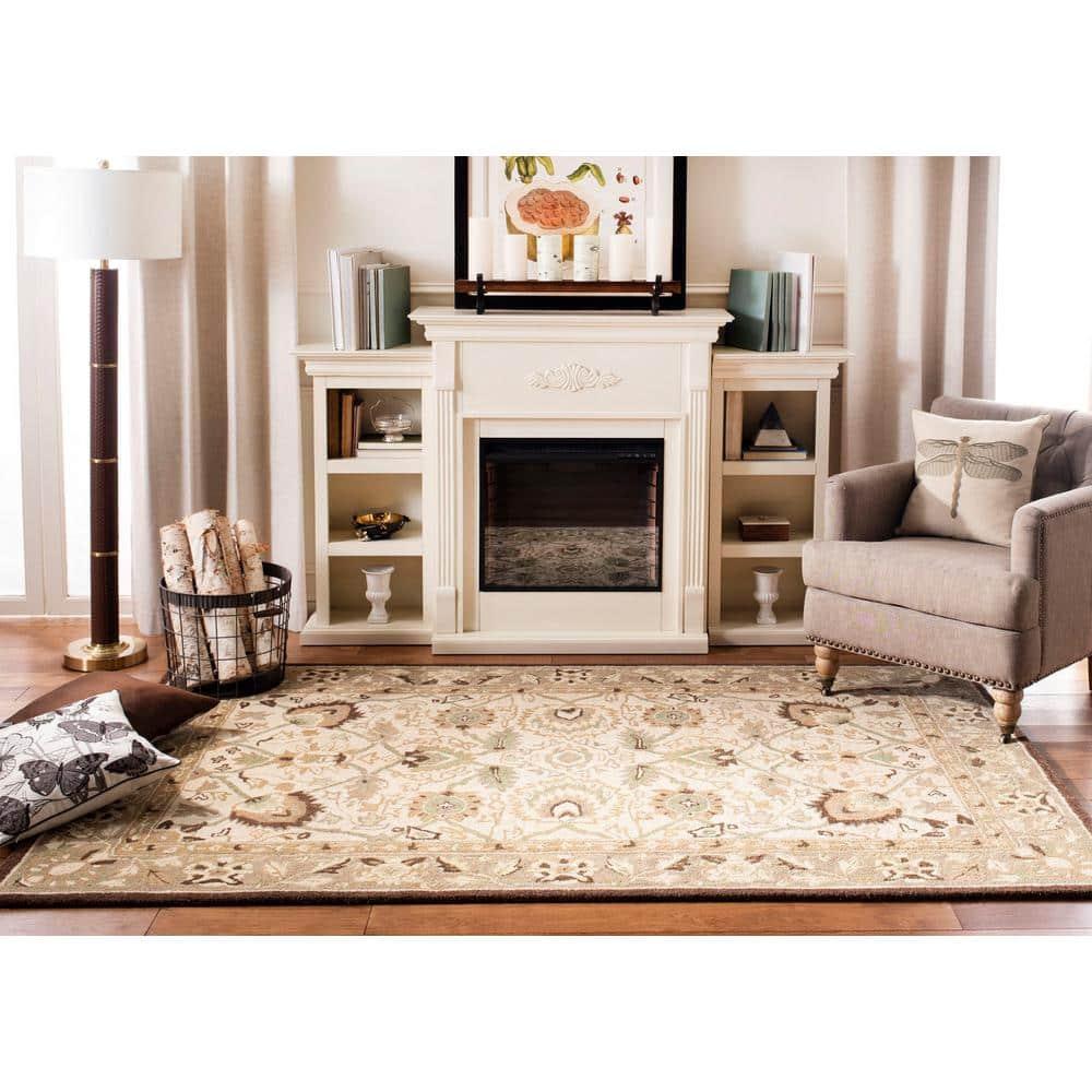 Ivory and Brown Floral Wool Handmade Tufted Rug, 3' x 5'