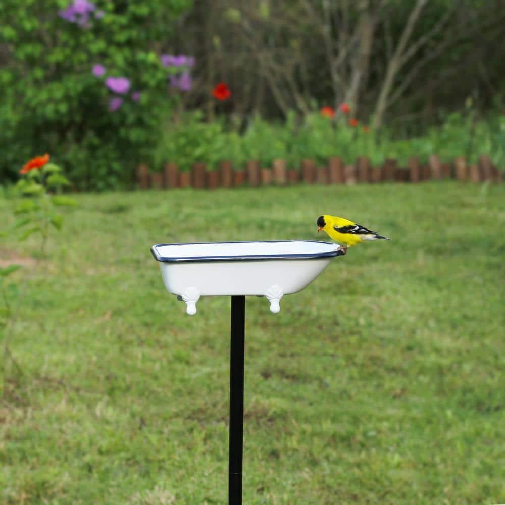 Brass Bird Bath Tub, White Finish, Featuring Clawfoot Bathtub Design, Bird Feeder, Includes Garden Pole by Good Directions