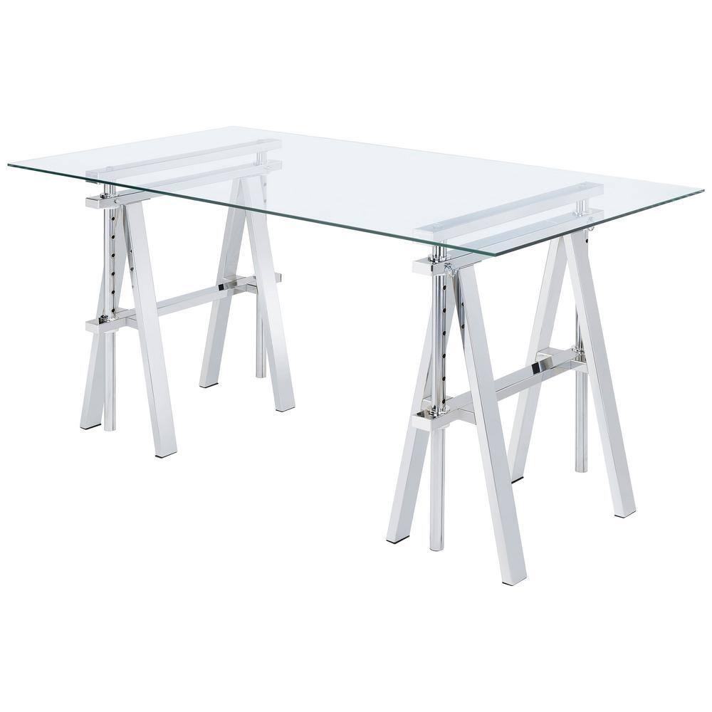 Statham Glass Top Adjustable Sawhorse Standing Desk Chrome - Coaster: Industrial Style, Manual Height Adjustability
