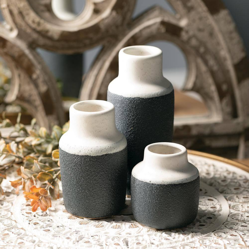 Sullivans Set of 3 Ceramic Vase 7"H, 5.25"H & 3.75"H White and Black