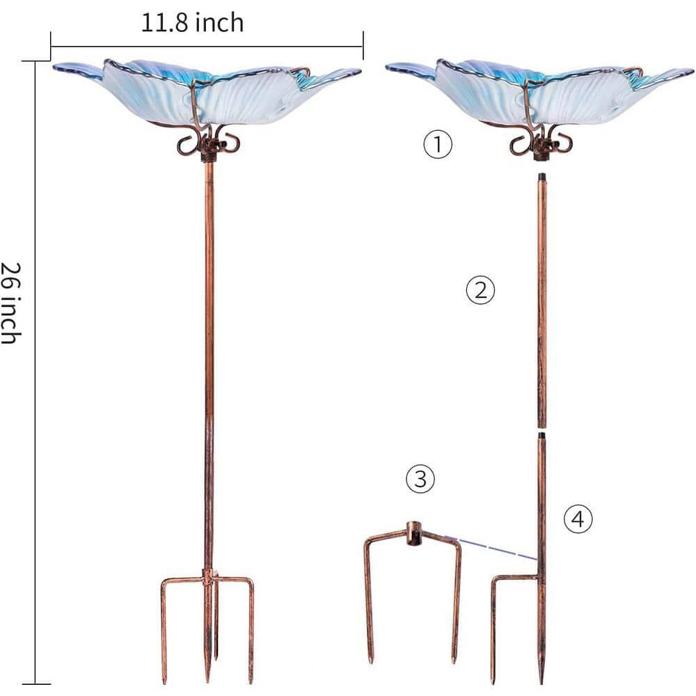 Outdoor Bird Bath Glass Birdbath Garden Birdfeeder with Metal Stake Blue(Height:26inch)