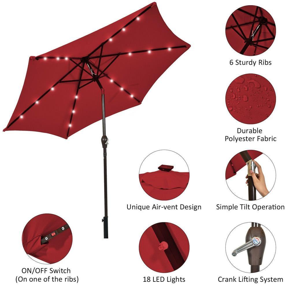 Kadyn Outdoor Patio Umbrella, Outdoor Market Table Umbrella, 9 Feet Solar LED Lighted Patio Market Umbrella Tilt Adjustment Crank Lift-Dark Red