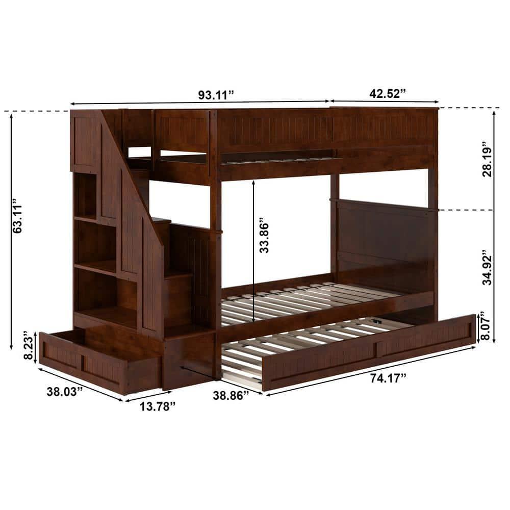Walnut Twin Over Twin Bunk Bed with Storage Drawer and Trundle