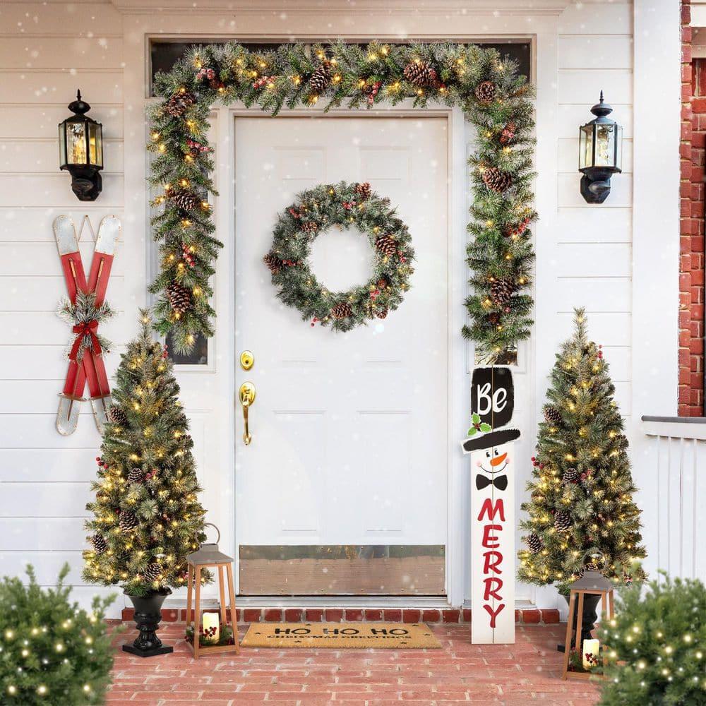 Glitzhome 42" H Wooden Welcome Sign Snowman Vertical Porch Sign Farmhouse Merry Hanging Signs Christmas Decorations for Front Door Wall Display