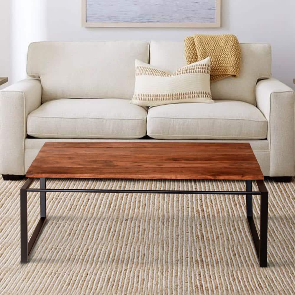 The Urban Port 41.7 Inch Rectangular Coffee Table with Plank Style Top, Metal Frame, Brown and Black