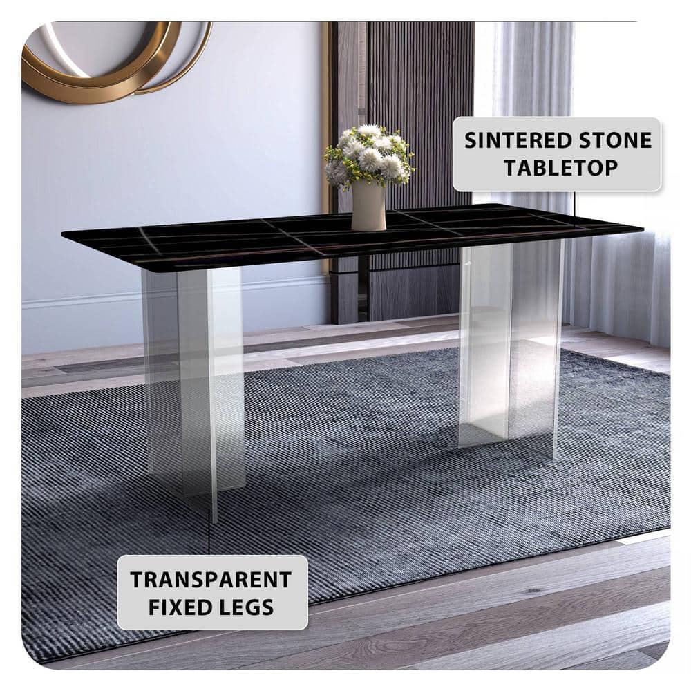 LeisureMod Modern 62” Rectangular Dining Table for 4 to 8 People with Sintered Stone/Glass Top and Acrylic Base Kova Series in Black/Gold