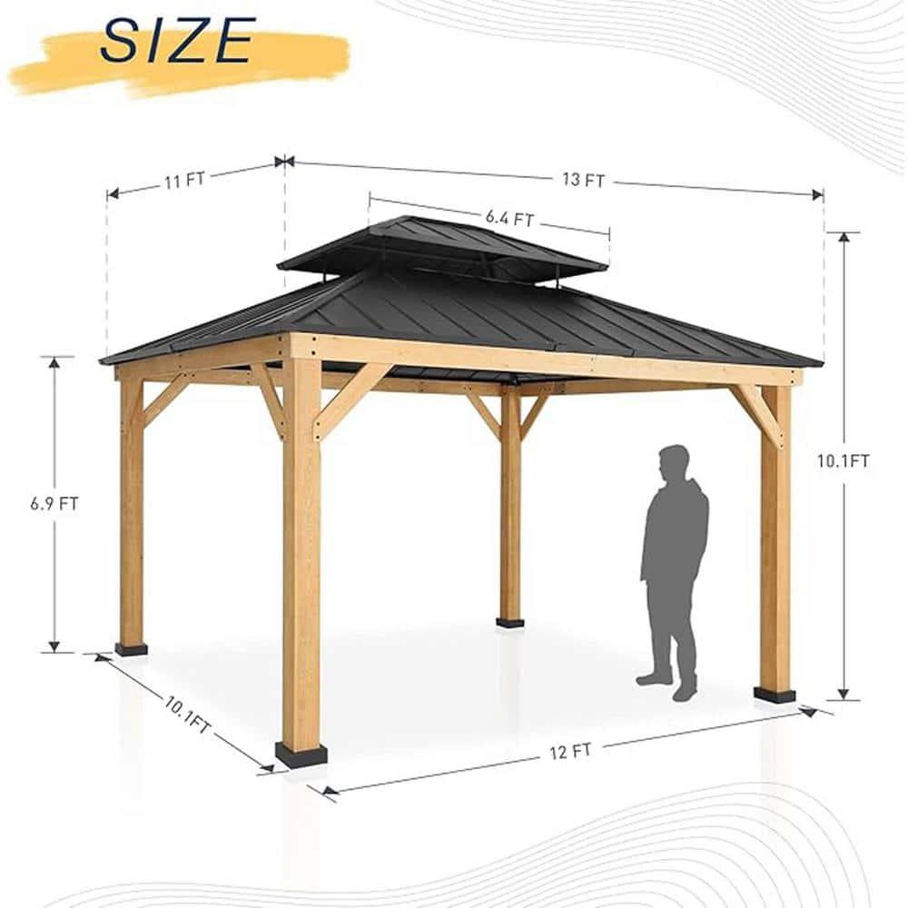11x13 Cedar Wood Gazebo with Black Metal Double Roof