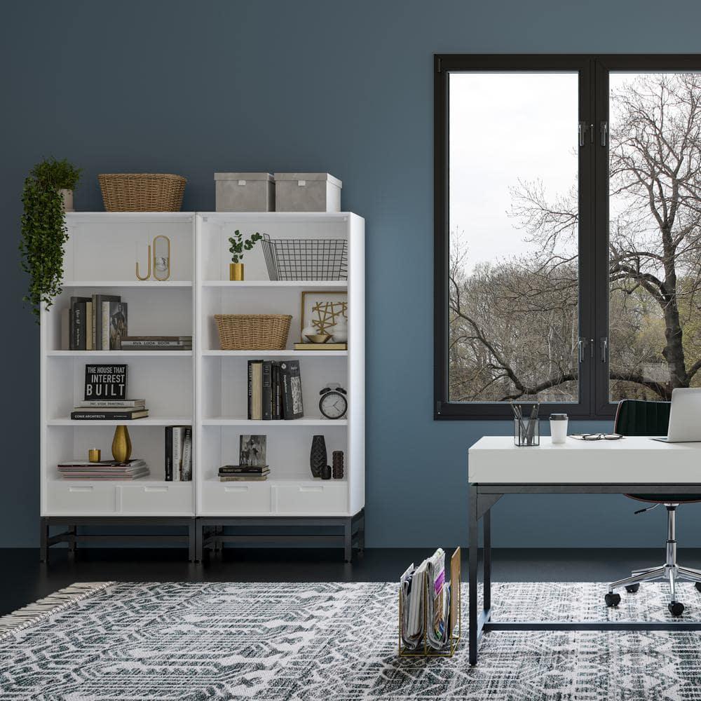 Simpli Home Banting 30"W Solid Wood 4 Shelf Industrial Bookcase with 2 Drawers, Adjustable Shelves, and Metal Base