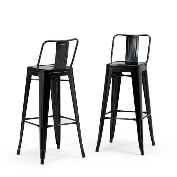 Simpli Home Rayne Metal Industrial Stool with Curved Back, Cross-Brace, and Footrest