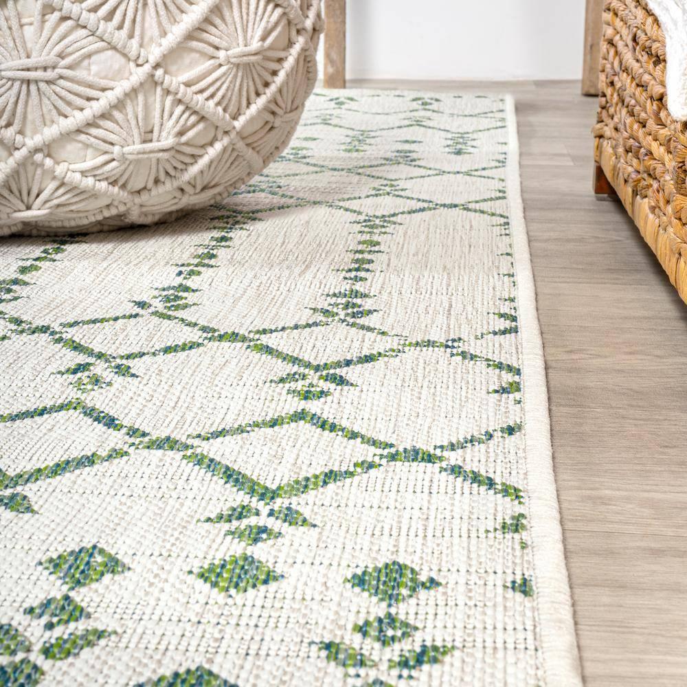 2' x 10' Ourika Moroccan Geometric Textured Weave Indoor/Outdoor Runner Rug, Green/Ivory - JONATHAN Y