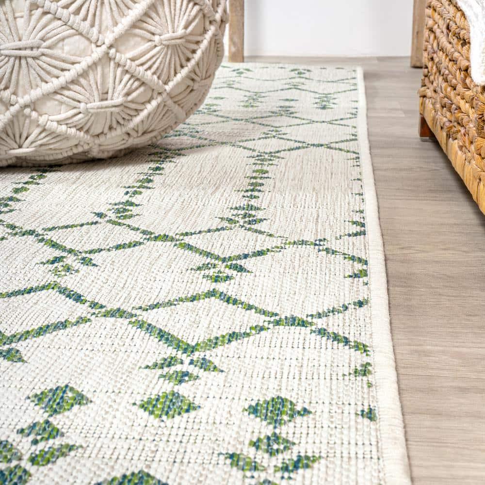 3' x 5' Ourika Moroccan Geometric Textured Weave Indoor/Outdoor Area Rug, Green/Ivory - JONATHAN Y