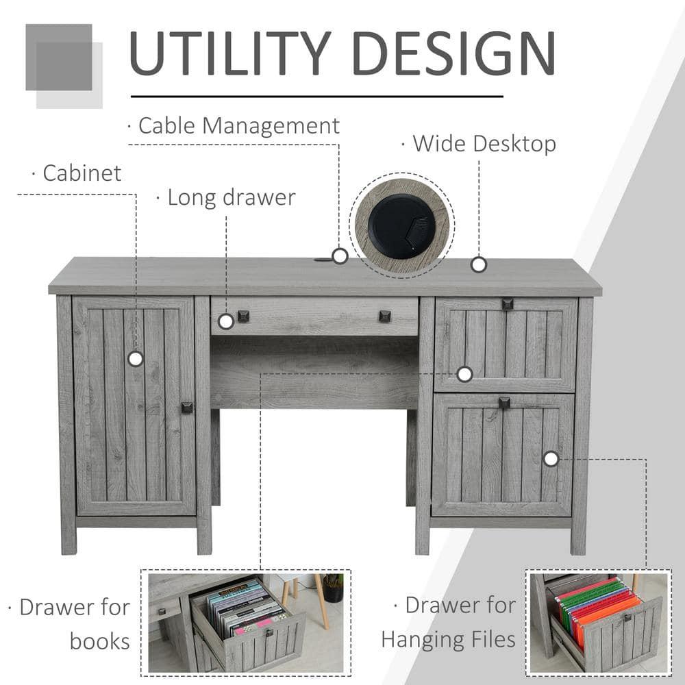 HOMCOM Vintage Executive Computer Desk, Home Office Work station, Student Table with Cabinet & 3 Drawers for Hanging Files, gray