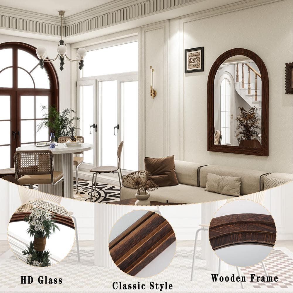 BEAUTYPEAK 36"x 24" Arched Bathroom Mirror Wall Mirror Wooden Frame,Brown