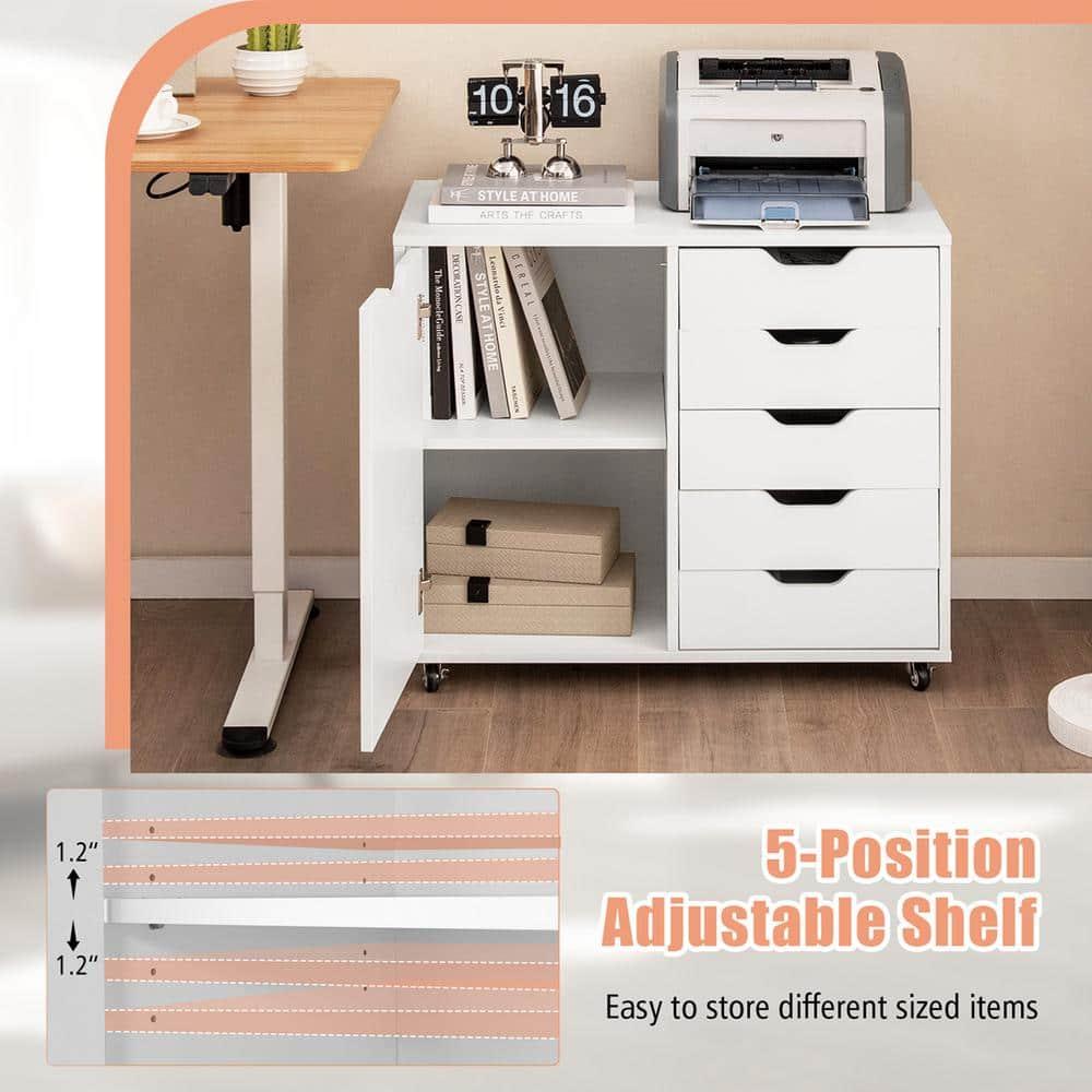 5-Drawer Chest with 1 Door, Wooden Chest of Drawers Storage Dresser Cabinet with Wheels, Office Organization and Storage, Bedroom Furniture (White-S)
