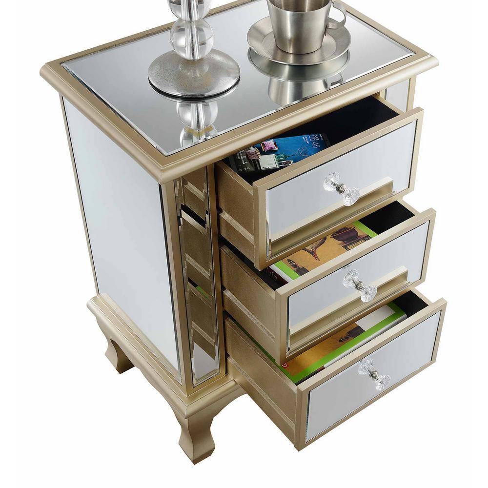Gold Coast Vineyard 3 Drawer Mirrored End Table In White Wood and Mirrored Glass