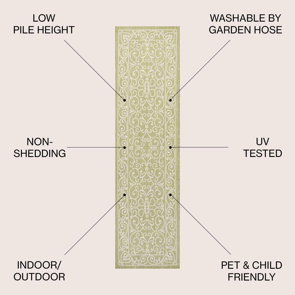 2' x 8' Charleston Vintage Filigree Textured Weave Indoor/Outdoor Runner Rug, Green/Cream - JONATHAN Y