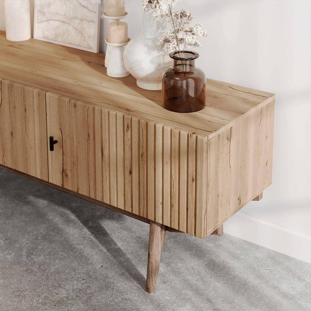 Living Skog  Chelsea Brown TV Stand Fits for TV's up to 65 in. with Slatted Design and Wood Legs light brown Matte Laminate