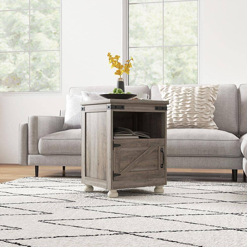 HOMCOM Small Side Table, Farmhouse End Table with Open Shelf and Cupboard, Modern Sofa Table with Wood Legs for Living Room, Gray