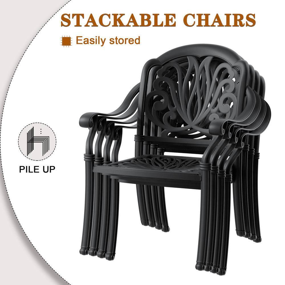 Hzzkey Outdoor Aluminum Dining Arm Chairs - Set of 6, Black, Random Color Cushions