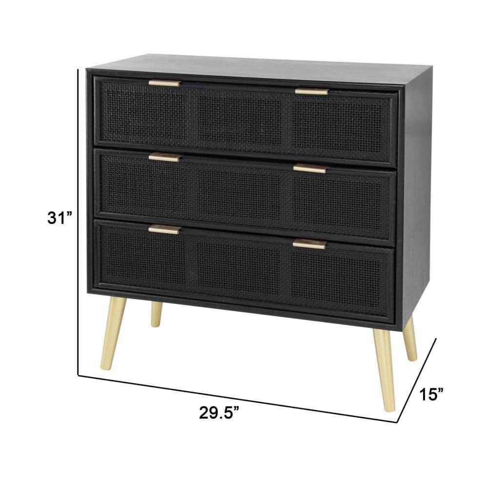 31 Inch Dresser Chest Cabinet, 3 Drawers, Woven Rattan, Modern, Black, Gold