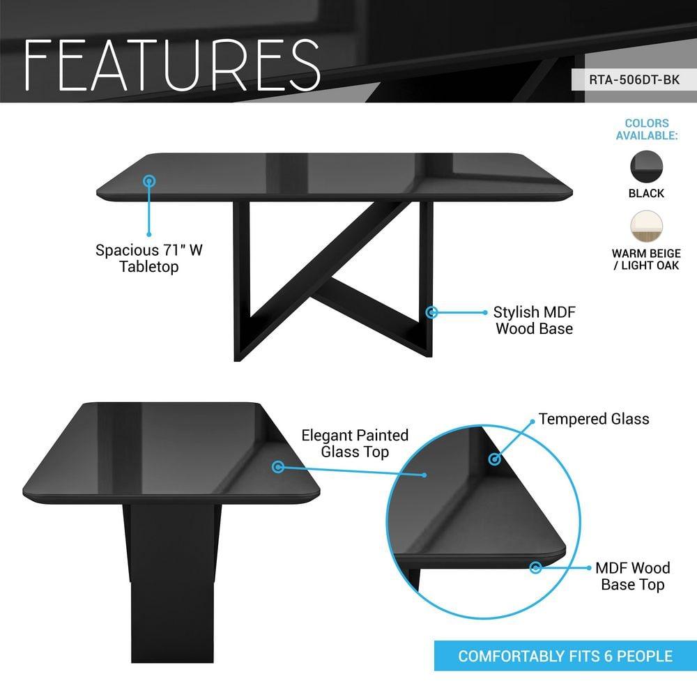 Elegant Painted Glass Dining Table for 6, Italian-Style 6-Seater Dining Table with Tempered Glass Top and Elegant Wood Base, Modern and Sophisticated Design for Dining Rooms, Black