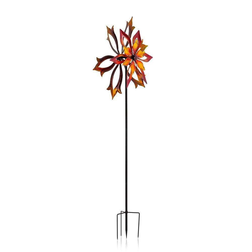 96" Glass/Iron Outdoor Flower Dual Kinetic Spinner Stake Red/Yellow - Alpine Corporation: Yard Art Decor
