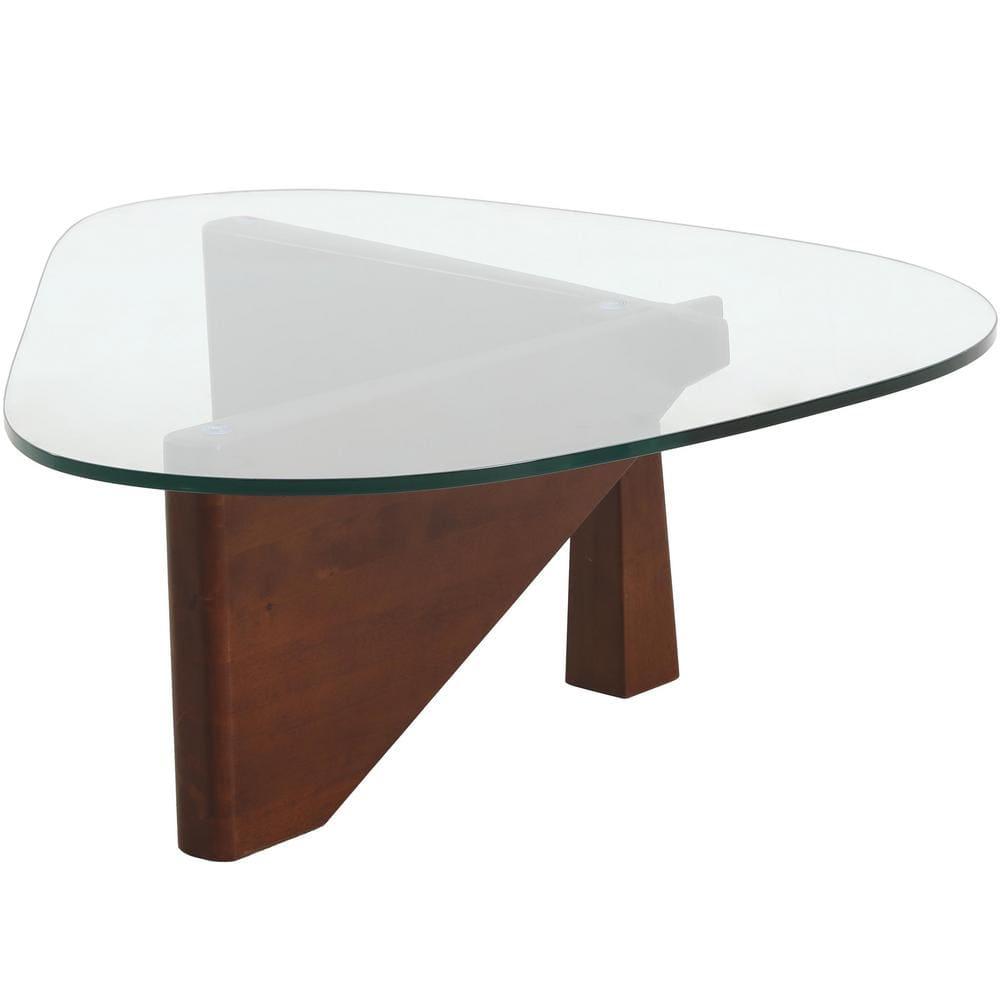 LeisureMod Imperial Collection Triangular Glass Top Coffee Table with Glossy Ash Wood Base for Home, Living Room, Office